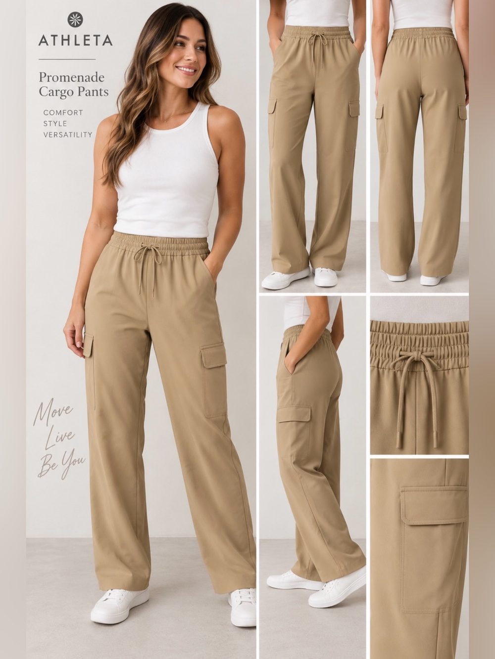 Athleta Women’n Promenade Wide-Leg Cargo Pants in Khaki/Tan Size XL